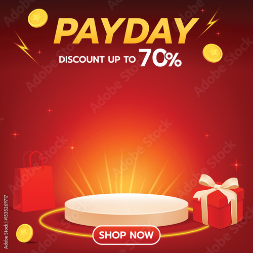 Red Payday Sale Banner with Podium, Gift Box, and Coins