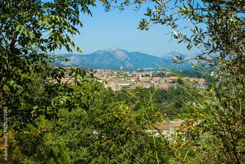 View of Sant'Agata de' Goti in a landscape with foliage and hills, Campania, Italy
