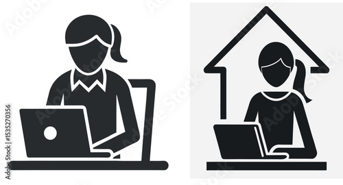 Silhouette icons of professional women working on laptops, representing remote work and office environments. A modern depiction of productivity, balance, and the evolving workspace.