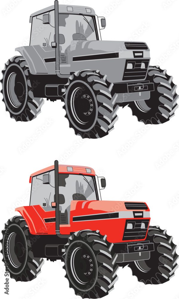 Obraz premium Vibrant Red Agricultural Tractor with Large Wheels for Farming and Rural Work