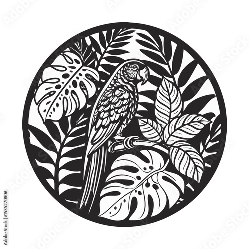illustration of a parrot on a tree branch in a dense tropical forest