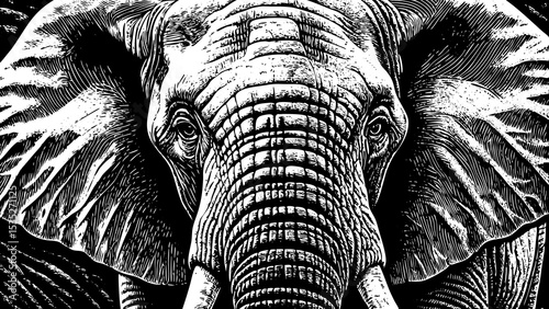 elephant with large ears and textured skin portrait, a black and white sketch vector best for tattoo