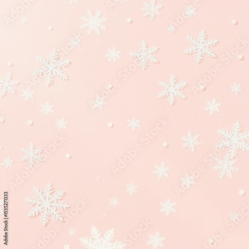 Snowflake pattern in pastel colors on a light pink background for winter greeting card design