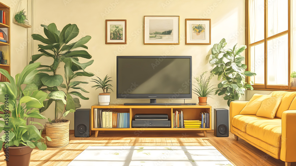 Fototapeta premium Bright Living Room with Plants, TV, and Yellow Sofa
