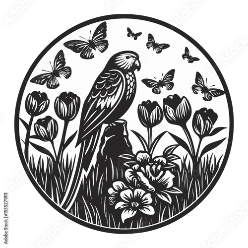 an image of a parrot on a stump in the middle of bushes and butterflies flying around