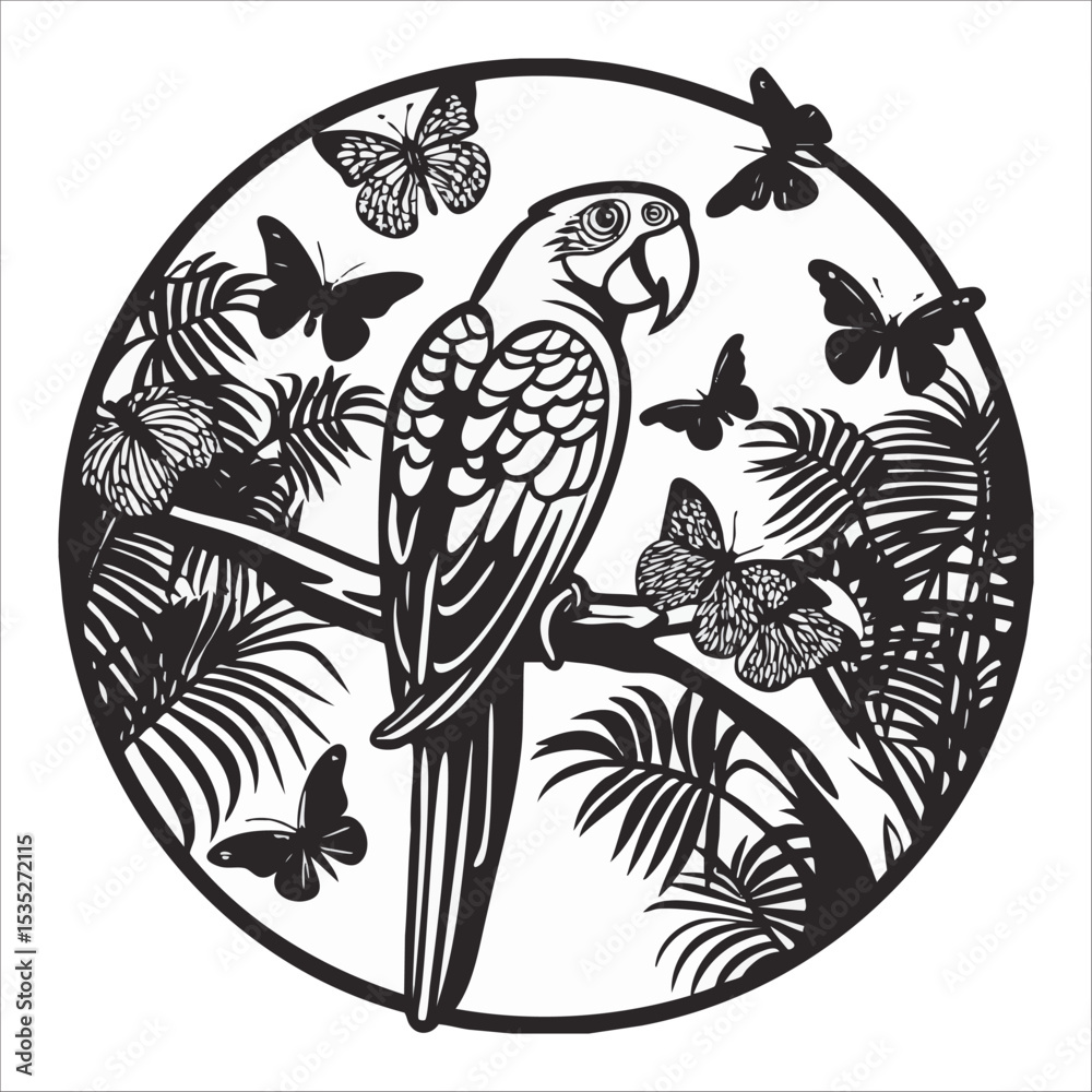 Fototapeta premium Illustration of a parrot on a tree branch in the forest and butterflies flying around