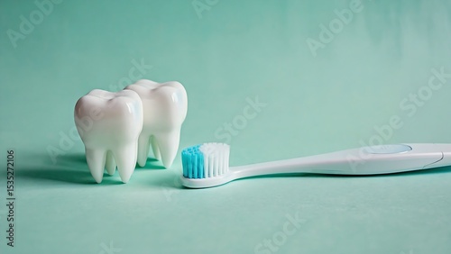 White tooth models and a toothbrush on a mint green background, suggesting dental hygiene.
