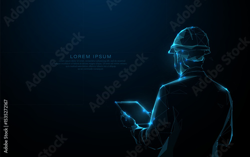 A structural engineer and architect wearing a hard hat. Low polygon A portrait of an industrial man engineer with a smartphone