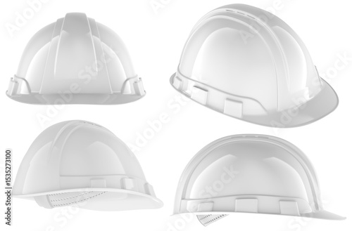 White construction hard hat set, different angles. 3D rendering isolated on transparent background