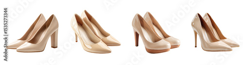 Elegant Beige High Heel Shoe, Fashionable Style, PNG set, Transparent background