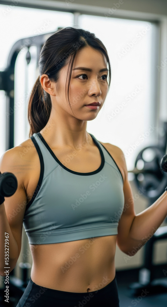 Fototapeta premium ダンベルで筋力トレーニングをする若い女性