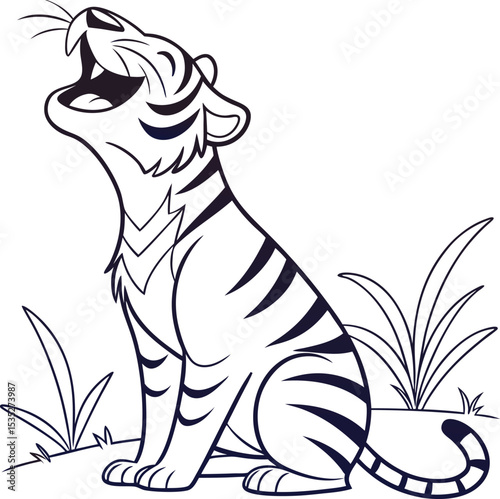 Cute cartoon tiger cub roaring in grassland illustration