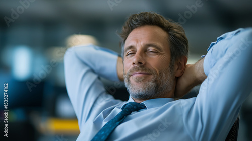 Confident Businessman Relaxing at Work in Office Environment photo