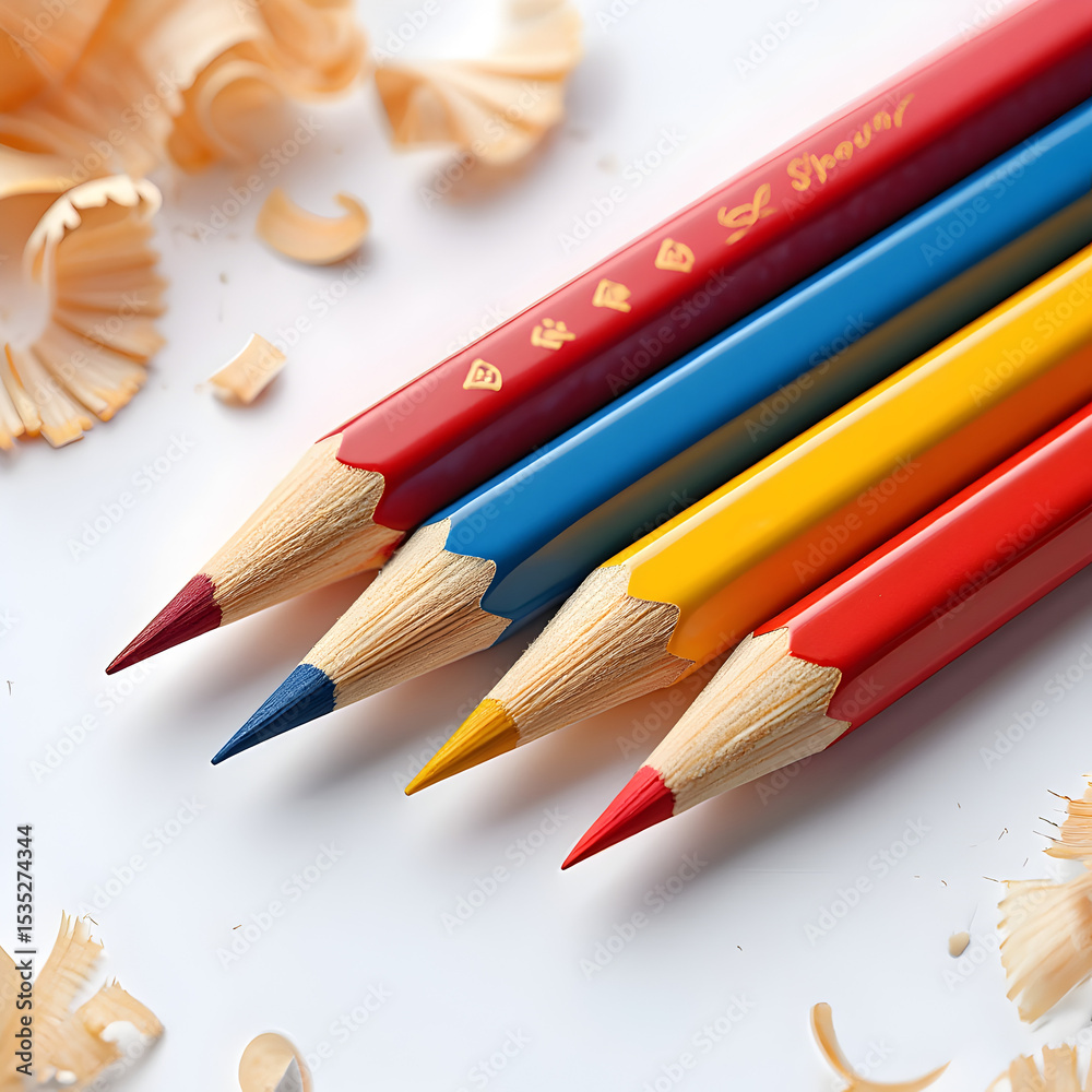 Fototapeta premium Four Colored Pencils Red Blue Yellow and Red Arranged on White Surface with Wood Shavings