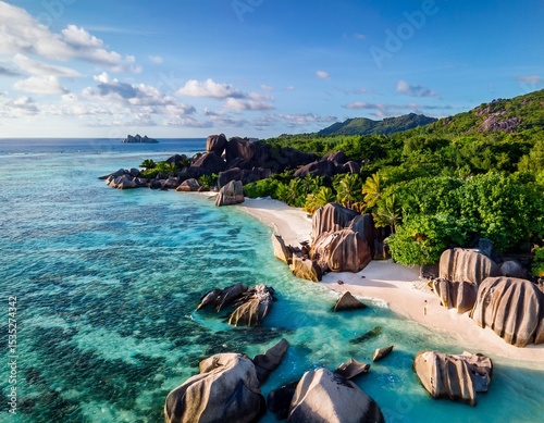 aerial view of the most photographed beach in the world anse source d argent in seychelles with granite stones on la digue island photo
