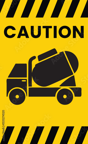 Caution Sign Featuring a Cement Truck Icon, sign, logo, badge, icon, sticker, label, emblem, stamp, symbol, black, line, flat vector, isolated illustration.