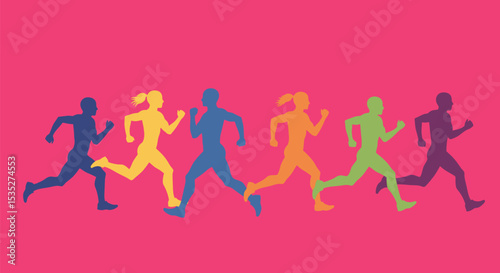 Colorful Running Silhouettes on Pink - AI Generative
