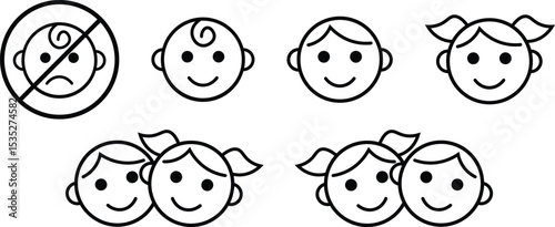 Suitable for babies, children, adults label icon set. Kids and child friendly icons. Baby safe approved. Suitable for kids logo, badge, sign, symbol isolated on white background. Vector illustration