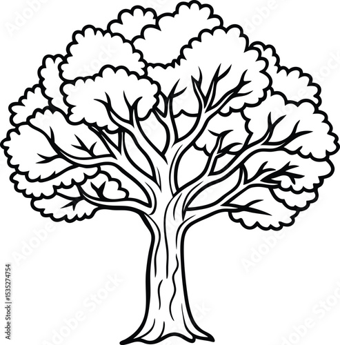 Simple black and white line drawing of a large tree