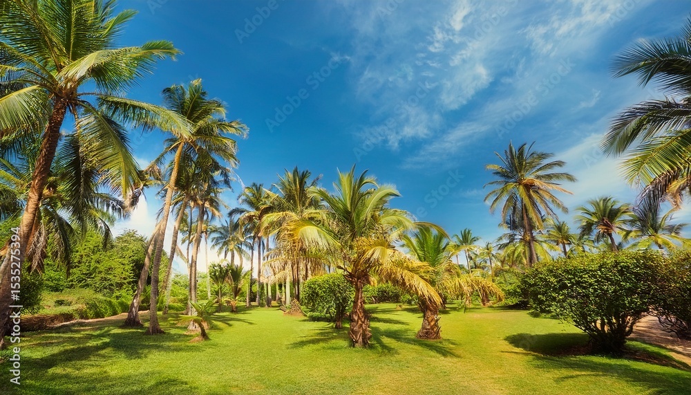 Fototapeta premium lush tropical garden with palm trees under blue sky near goyambokka beach