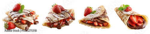 Delicious crepe with strawberry, chocolate and sugar powder Transparent background PNG set