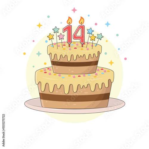 Chocolate birthday cake on a platter with colourful sprinkles, star decorations and a lit candles in the numbers one and four shape. Fourteen years old birthday party dessert, vector illustration.