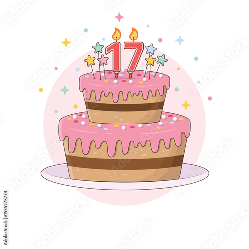 Chocolate birthday cake on a platter with colourful sprinkles, star decorations and a lit candles in the numbers one and seven shape. Seventeen years old birthday party dessert, vector illustration.