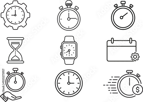 Set of various clocks and watches in vector style with stopwatch and timer icons for time and design concepts in a transparent background