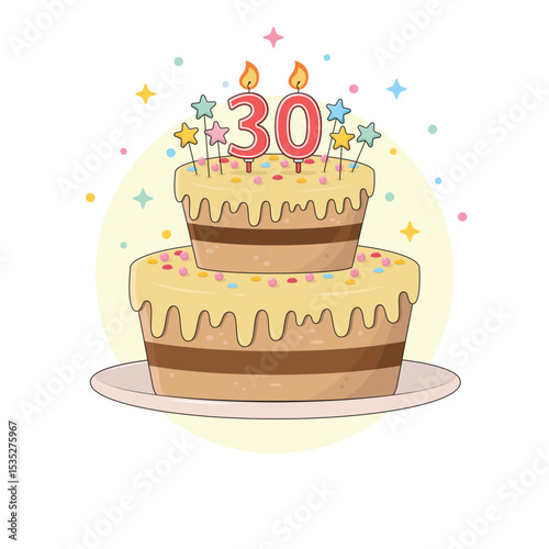 Chocolate birthday cake on a platter with colourful sprinkles, star decorations and a lit candles in the numbers three and zero shape. Thirty years old birthday party dessert, vector illustration.
