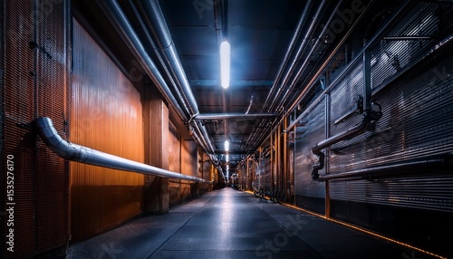 long exposure of a dimly lit industrial hallway with pipes and a flickering fluorescent light