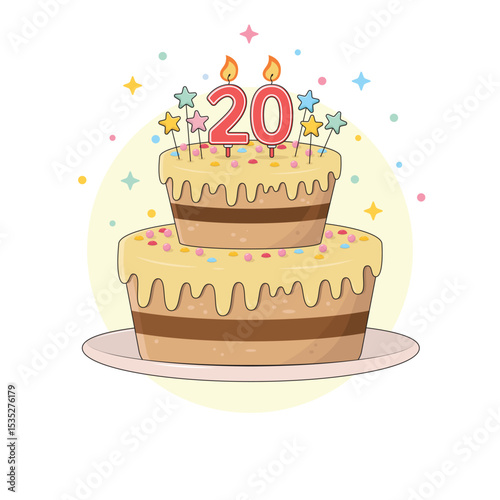 Chocolate birthday cake on a platter with colourful sprinkles, star decorations and a lit candles in the numbers two and zero shape. Twenty years old birthday party dessert, vector illustration.