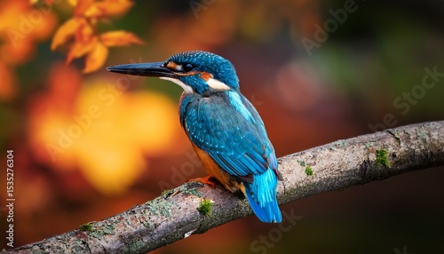 bright blue kingfisher sitting on branch in forest