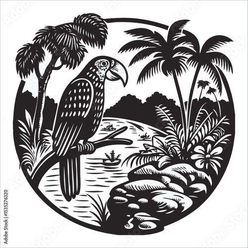 an image of a parrot on a tree branch over a river flowing in the forest