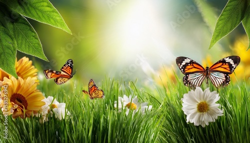 lush grass with flowers and butterflies background