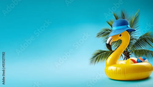 summer yellow flamingo wearing a blue hat blue beach ball and coconut tree silhouette on banner blue background