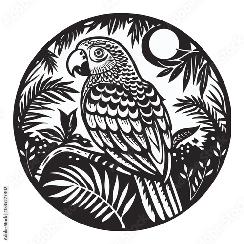 illustration of a parrot on a tree branch in a dense forest in a tropical forest