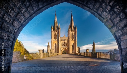 gothic church spires through castle arch