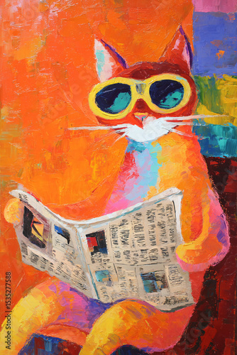 colorful cat reading newspaper sunglasses whimsical art painting orange vibrant illustration