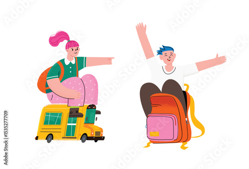 Cute funny whimsical characters going to school in bizarre ways. Going back to school. Looking for knowledge. A boy and a girl isolated Vector illustration. Search, study and curiosity concept.