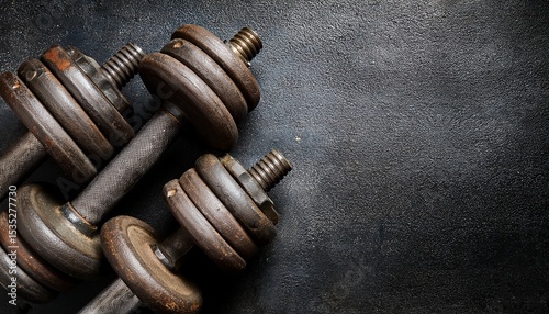 fitness or bodybuilding concept background product photograph of old iron dumbbells on black grey conrete floor in the gym photograph taken from above top view with lots of copy space