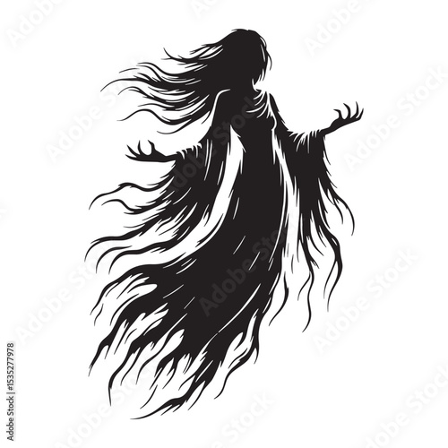 Darkened Phantom Banshee Ghostly Figure Depiction Outline, Looking Ready to Cry - banshee silhouette - banshee vector - silhouette of banshee - Banshee illustration
