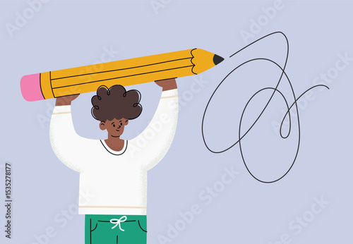 Man with a large Pencil. Young student holding big pencil. Cute isolated character. Trendy cartoon style. Funny hand drawn vector illustration. Drawing, writing, creating, design concept