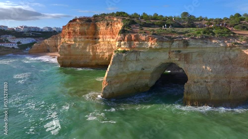A Beautiful Cliff, Benagil Cave, a Famous Coastal Rock Formation in Portugal, Sunny Evening in Algarve, South Portugal.