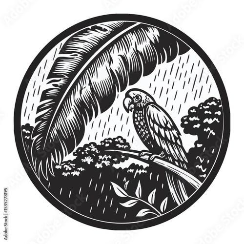 it is raining in a tropical forest and a parrot is depicted on a tree branch