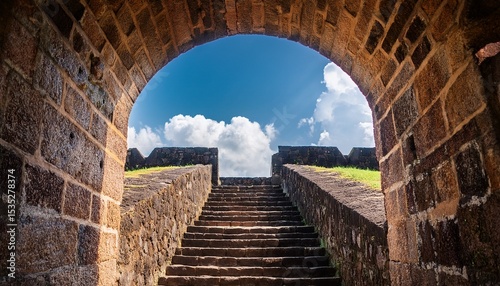 stone staircase under archway in galle fort leading to blue sky and fortress wall