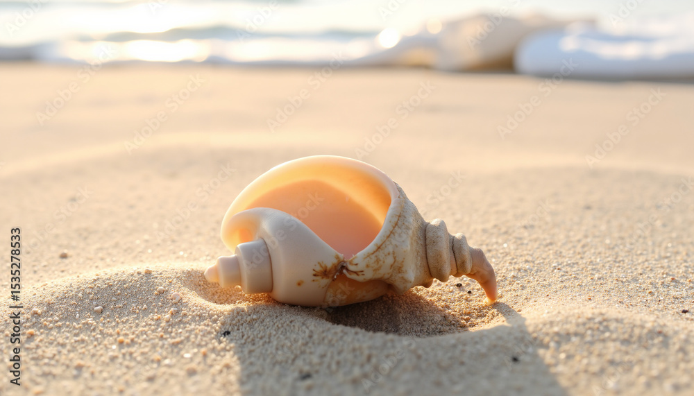 Obraz premium Shell resting on sandy beach with soft waves in the background 