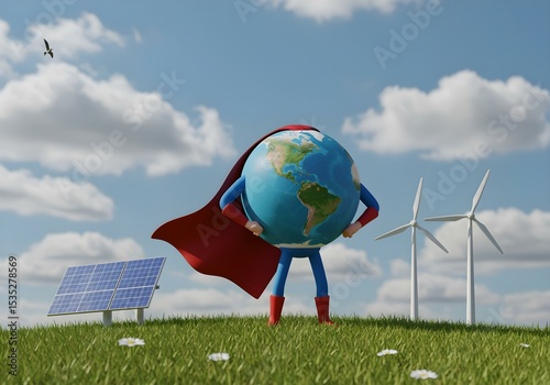 Earth superhero character with cape standing near wind turbines and solar panel on green field