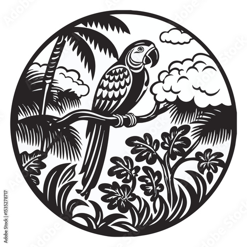 illustration of a parrot standing on a tree branch in a dense tropical jungle