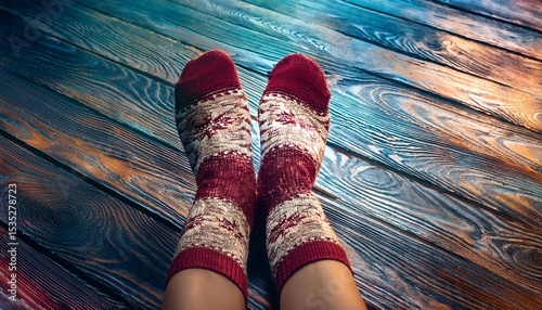 feet warm beautiful socks on a wooden floor
