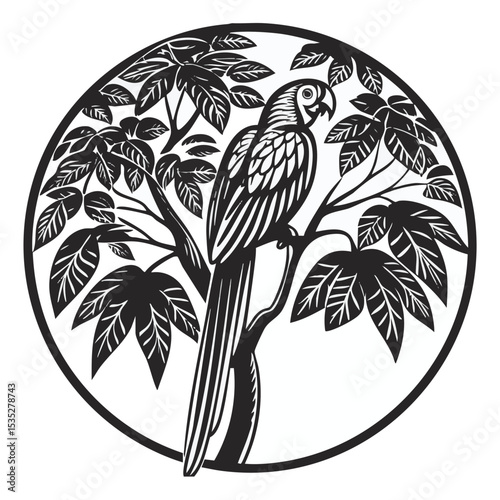 an image of a parrot on a tree branch with many leaves